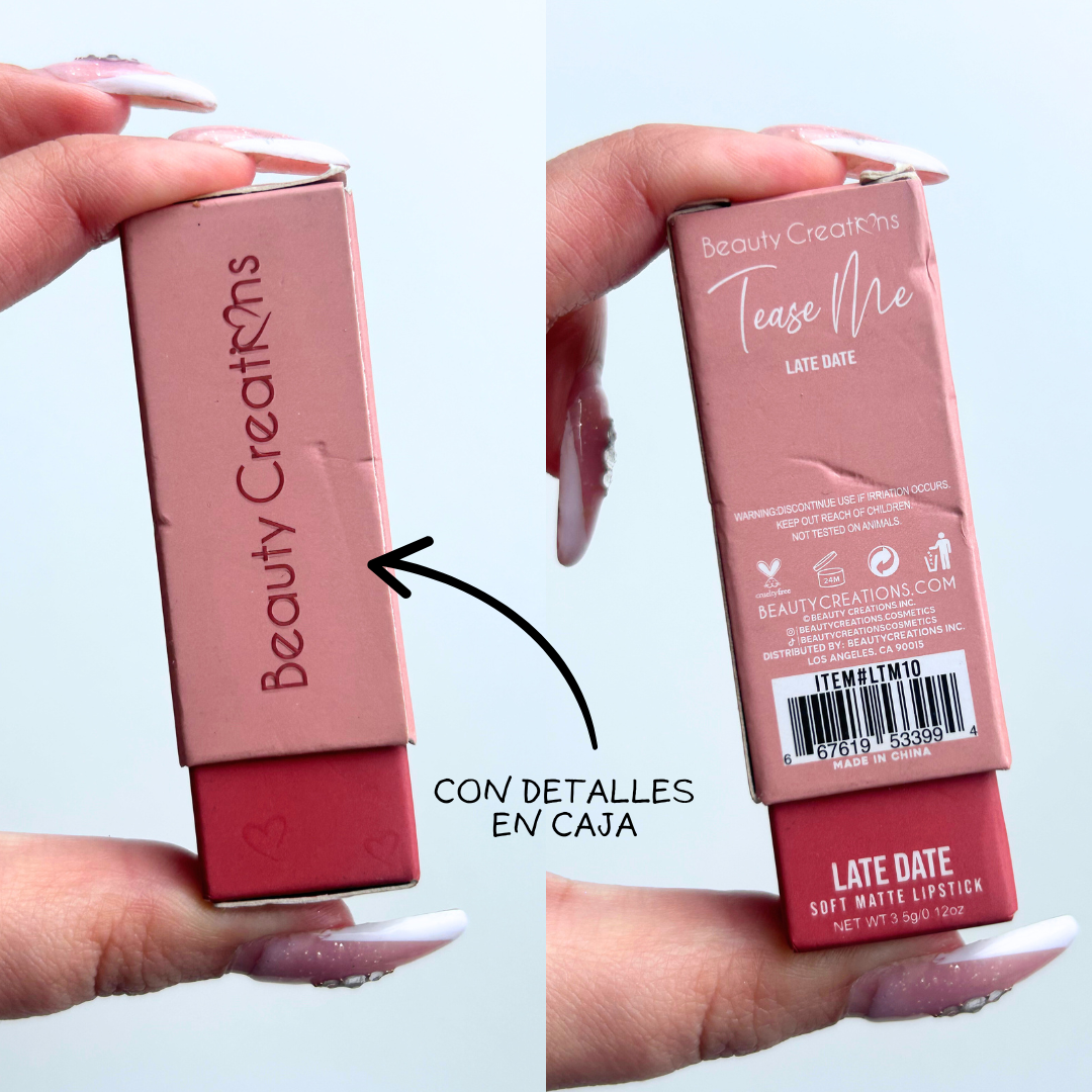 Beauty Creations - CON DETALLE: Tease Me Soft Matte Lipstick COLOR LATE DATE