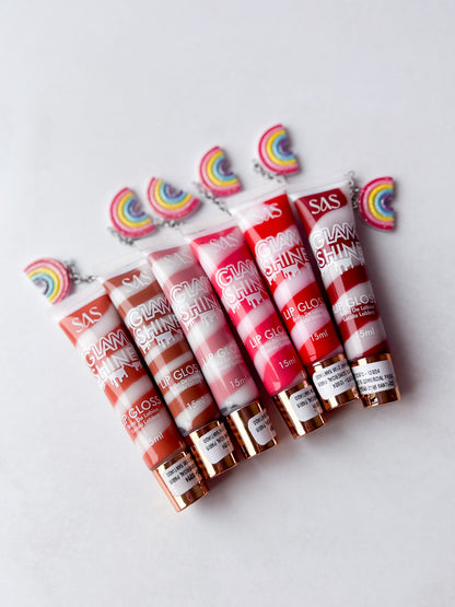 SAS - PACK DE 6: Gloss GLAM SHINE aroma Chocolate con charm ($1.665 c/u)