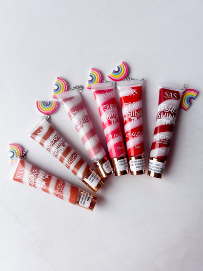 SAS - PACK DE 6: Gloss GLAM SHINE aroma Chocolate con charm ($1.665 c/u)